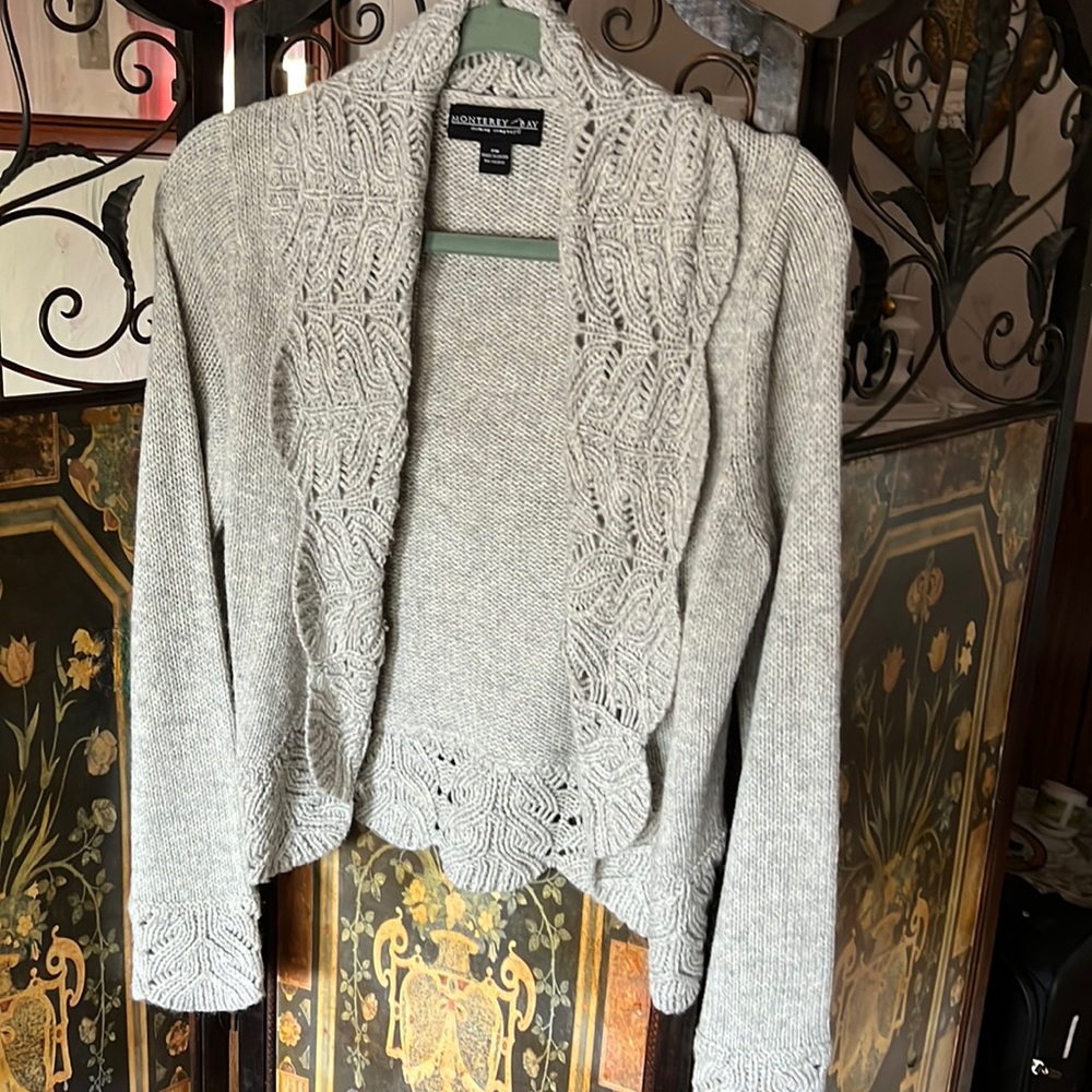 Gray, Monterey Bay open front sweater with crochet details